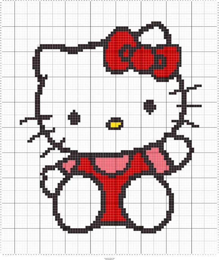 a cross stitch hello kitty with a red bow