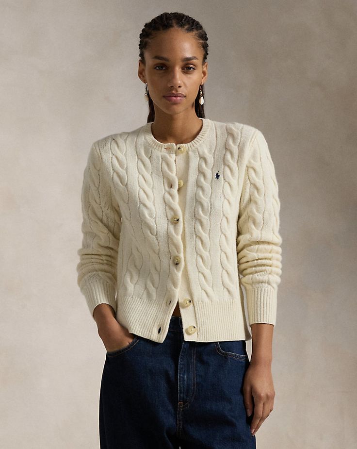 Cable-Knit Wool-Cashmere Cardigan | Ralph Lauren Cardigan Outfit, Skandinavian Fashion, Preppy Lifestyle, Cable Cardigan, Fashion Aesthetics, Ralph Lauren Long Sleeve, Cardigan Outfits, Ralph Lauren Polo Shirts, Ralph Lauren Jeans