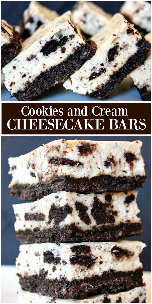 cookies and cream cheesecake bars stacked on top of each other