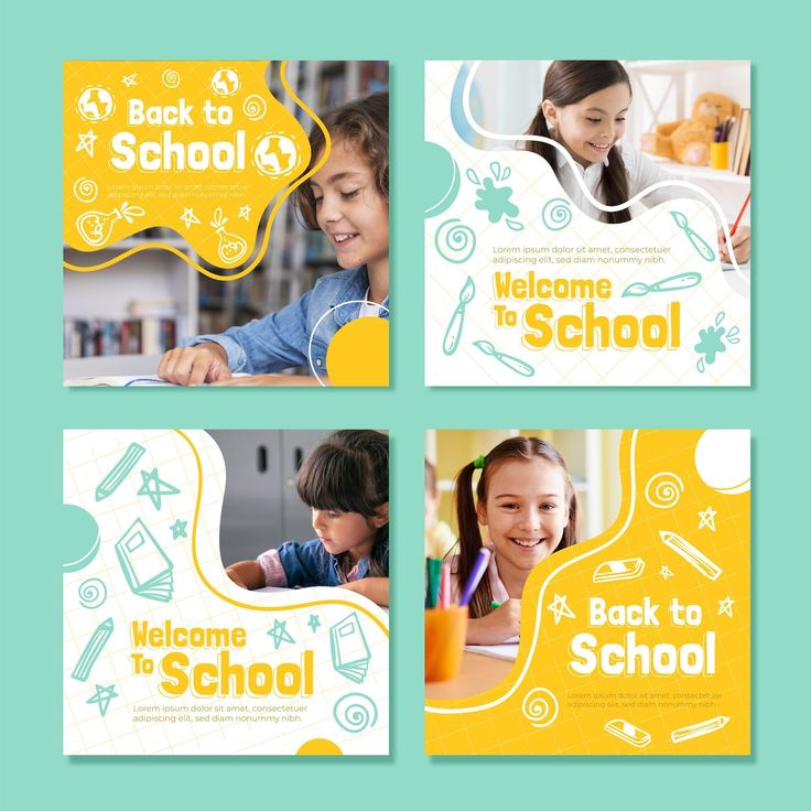 four different school banners with children's artwork on the front, back and sides