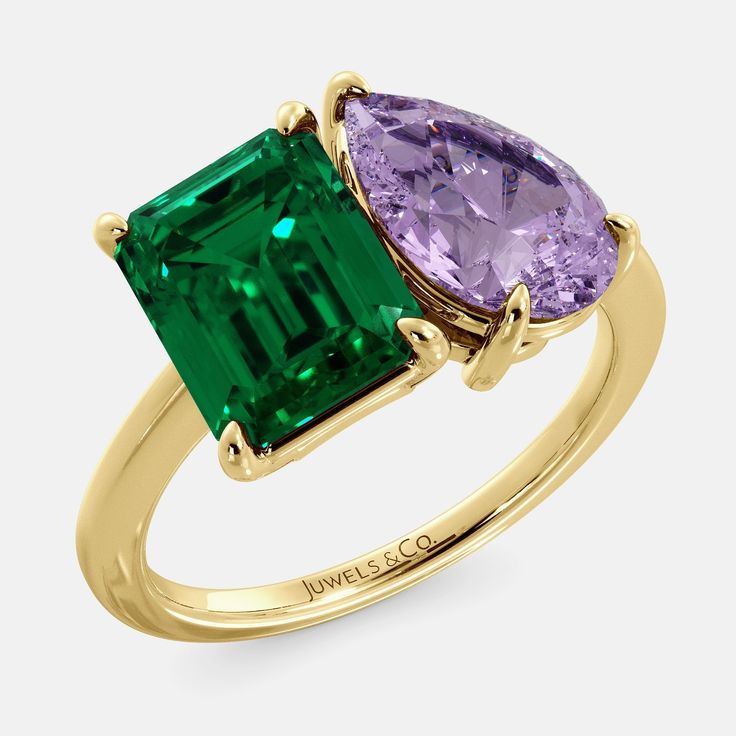 Our two-stone May Ring features an emerald and pear shape that can be customized. Emerald is the stone of the month of December and is represented as an emerald shape. Depending on your preferences, the pear-shaped stone can be completely customized. All Toi-et-Moi rings are made from sustainable, lab-grown gems and are available in recycled gold. Taurus Ring, Gemini Ring, August Birthstone Ring, Diamond Band Engagement Ring, Diamond Heart Ring, May Birthstone, Jewelry Essentials, Gold Gift, Green Gemstones