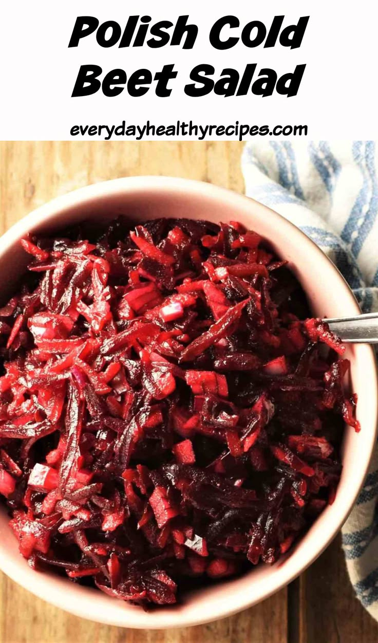 a bowl full of beet salad with the words polish cold beet salad above it