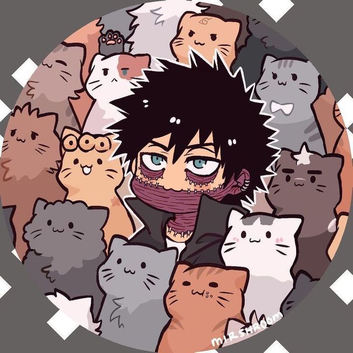 an anime character surrounded by many cats