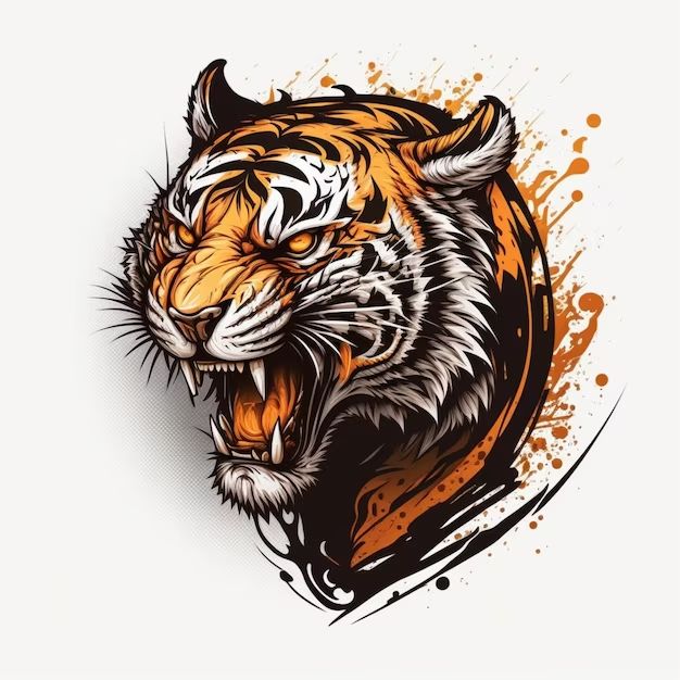 the head of a tiger with an orange and black paint splattered on it