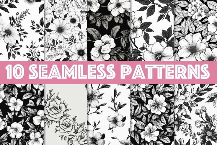 10 seamless floral patterns with black and white flowers on the bottom, in different sizes