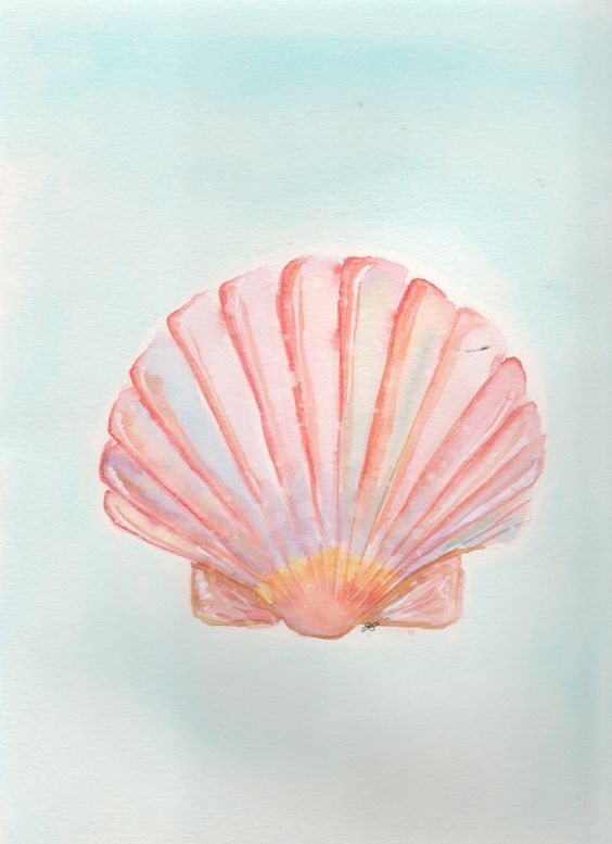 a watercolor painting of a pink scallop on a light blue sky background