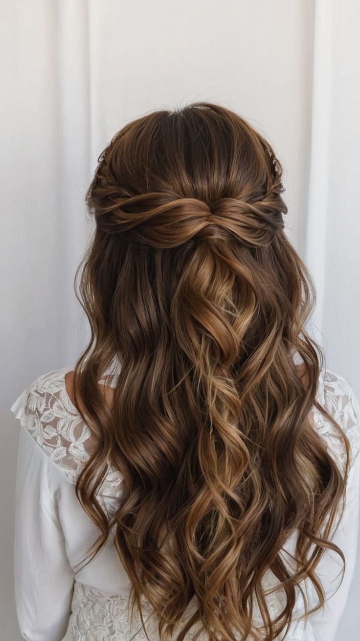 the back of a woman's head with long wavy hair in half - up style