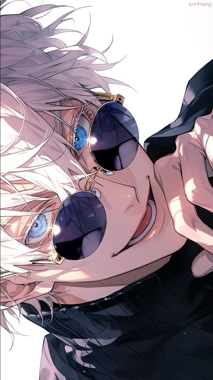 an anime character with blue eyes and long white hair wearing sunglasses, looking at the camera