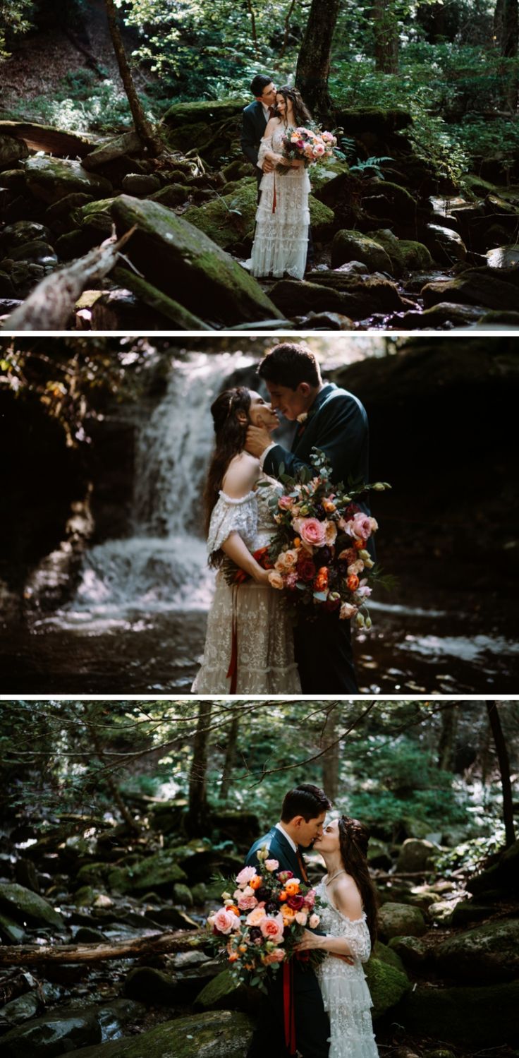 the bride and groom are kissing in front of a waterfall