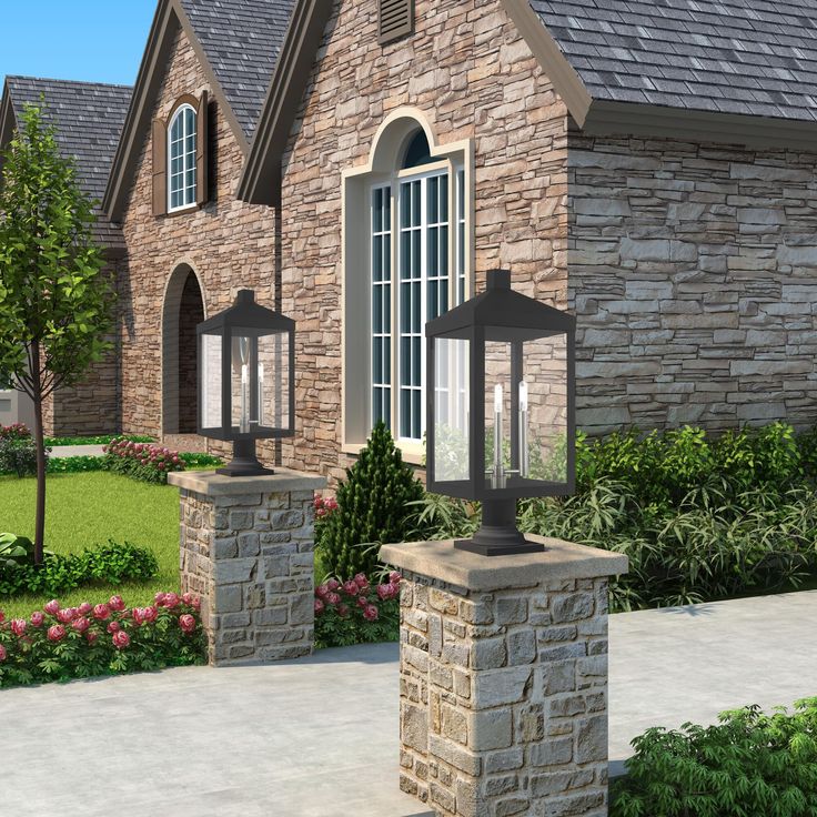 a rendering of a brick house with two lamps in the front yard and landscaping around it