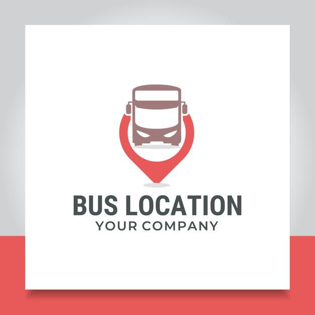 the bus location logo is shown in red and gray colors, on a white background