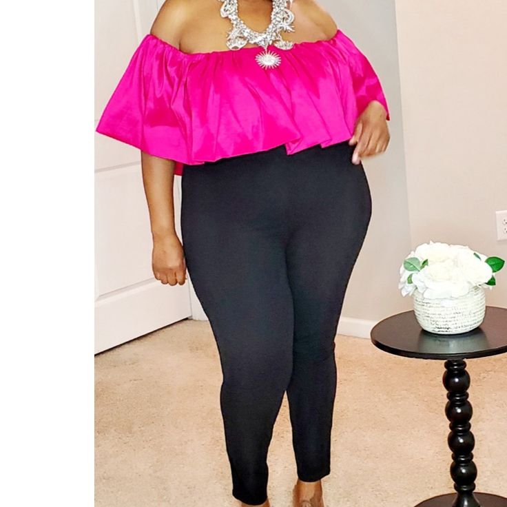 Black Bottom And Pink Off The Shoulder Jumpsuit Chic Pink Jumpsuits For Night Out, Trendy Pink Jumpsuits And Rompers For Brunch, Pink Stretch Jumpsuits And Rompers For Day Out, Off The Shoulder Jumpsuit, Black Bottom, Pink Jumpsuit, Black And Pink, Black Bottoms, Pink Black