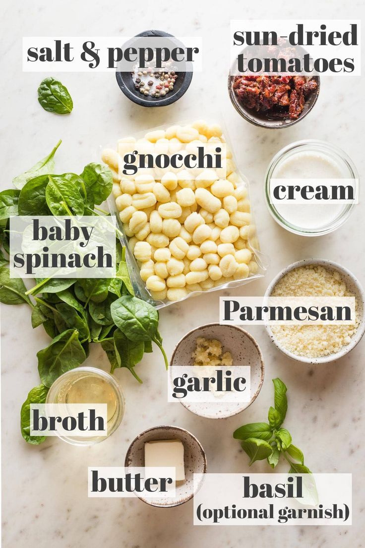 the ingredients for an italian pasta recipe laid out on a marble counter top with text overlay