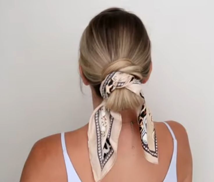 Hairstyles With Scarf Long Hair, Ponytail With Silk Scarf, Low Bun With Hair Scarf, Low Bun With Bandana, Hair Scarf Low Bun, Hair Bun Scarf, Scarf In Hair Bun, Scarf In Bun, Low Bun With Ribbon