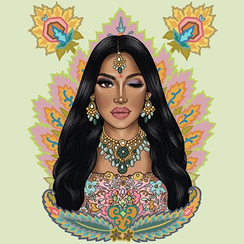 an illustration of a woman with long black hair and jewelry on her face, surrounded by flowers