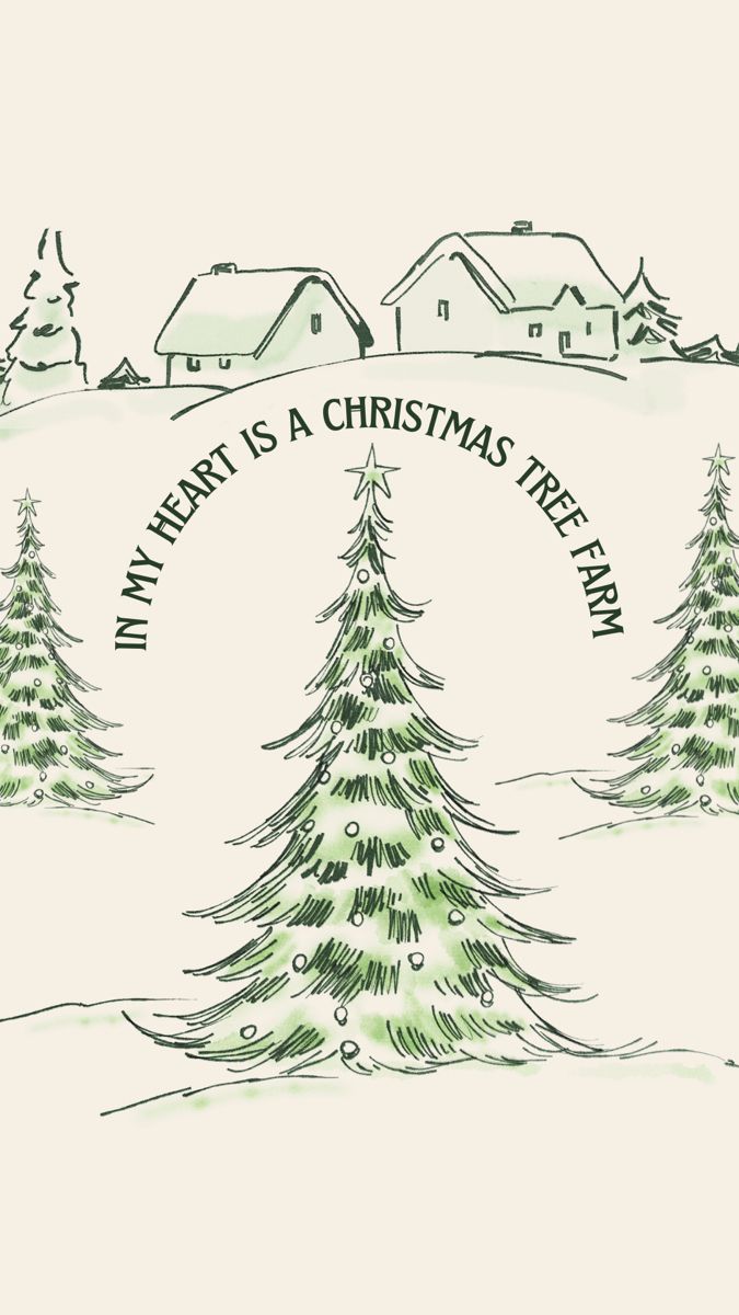 a christmas card with trees and houses in the background