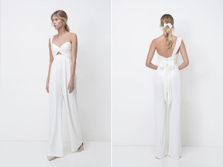 two images of a woman in white clothing and one is wearing a bow back jumpsuit