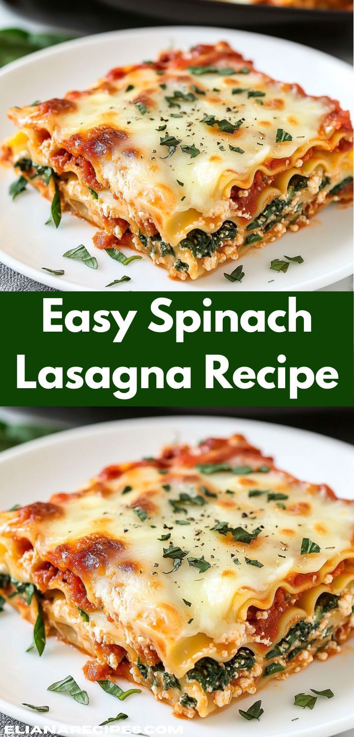 an easy spinach lasagna recipe on a white plate with the title above it