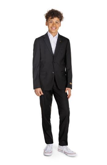 This lightweight two-button suit jacket and trousers in classic black let your child look formal without fuss. Includes jacket and trousers Jacket has notched lapels; nonfunctional three-button cuffs; chest welt pocket; front flap pockets; side vents Trousers have zip fly with button-tab closure; front slant pockets; back welt pockets 70% polyester, 27% rayon, 3% spandex Machine wash, tumble dry Imported Solid Notch Lapel Suits For Business Meetings, Professional Solid Suits For Business Meetings, Black Single-breasted Suit For Business Meetings, Uniform Tailored Suits For Workwear, Black Suits With Suit Collar For Business Meetings, Classic Black Suit For Business Trips, Tailored Uniform Style Formal Blazer, Formal Uniform Style Tailored Blazer, Tailored Business Suits With Uniform Style