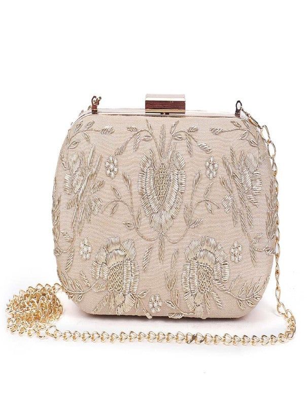 White Golden Bride Clutch Bag By The Purple Sack now available at Trendroots Gold Clutch Bag With Intricate Embroidery, Gold Clutch With Intricate Embroidery, Embroidered Beige Clutch For Party, Embroidered Beige Shoulder Bag For Party, Party Embroidered Beige Shoulder Bag, Embroidered Rectangular Evening Bag For Reception, Beige Embroidered Evening Clutch, Rectangular Embroidered Clutch For Events, Rectangular Clutch With Pearl Embroidery For Reception