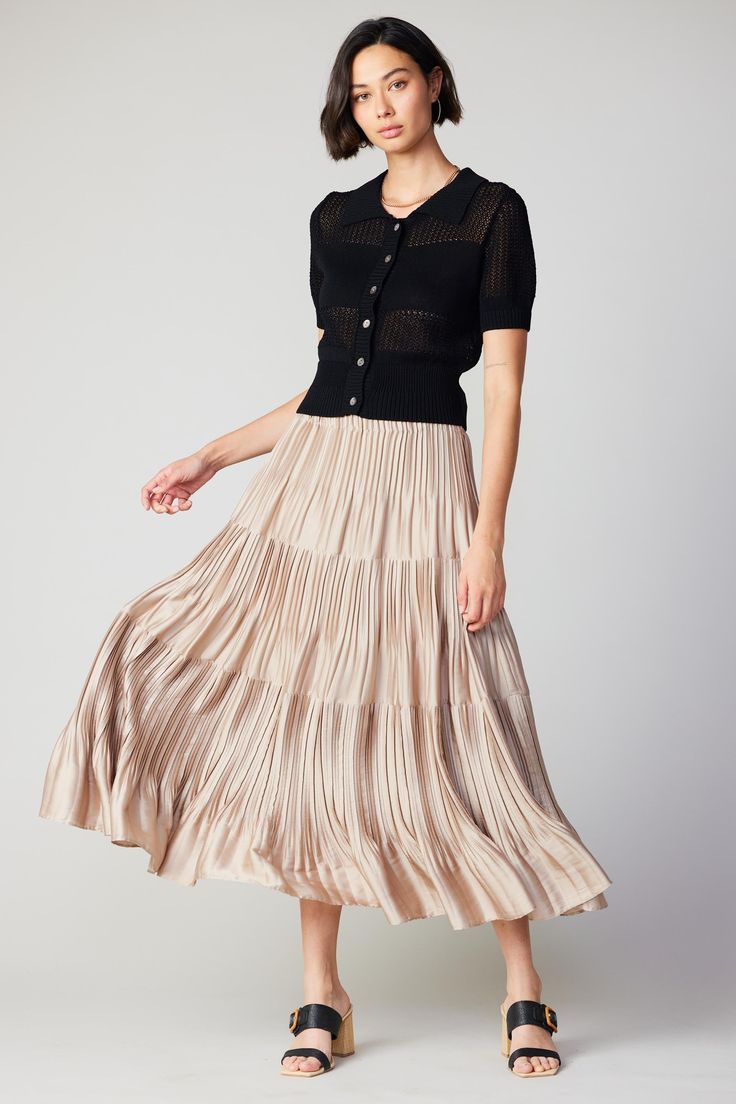 This satin-like skirt exudes class and feminity in an ultra-pleated design. Accented by a elastic waistband, it’s a daring way to make a statement for dressed-up moments. •Elastic waistband•Multi layer pleating •Tiered styling Item Number 2350194 100% Polyester Beige Pleated Tiered Maxi Skirt, Beige Tiered Gathered Skirt, Non-stretch Pleated Tiered Skirt, Beige Full Pleated Skirt, Relaxed Fit, Beige Flowy Midi-length Pleated Skirt, Tiered Midi Skirt, Vacation Dresses, Print Trends, Sweater Sale