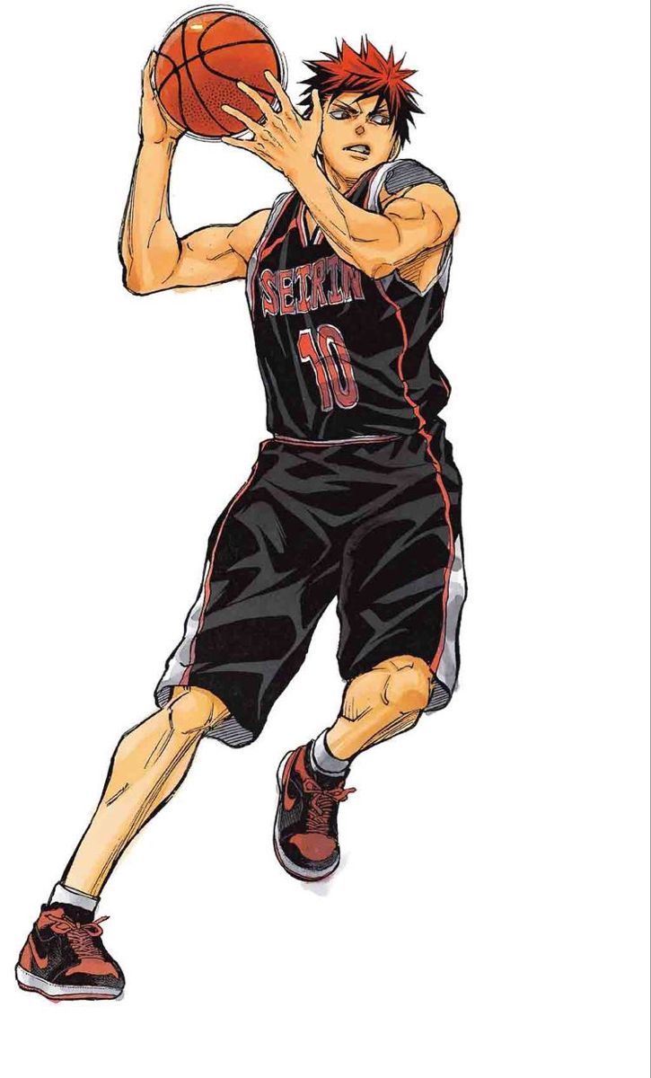 an image of a basketball player with the ball in his hand and wearing red shoes