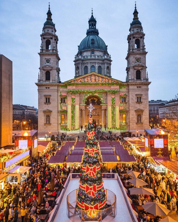 a large christmas tree in front of a building with lots of people standing around it