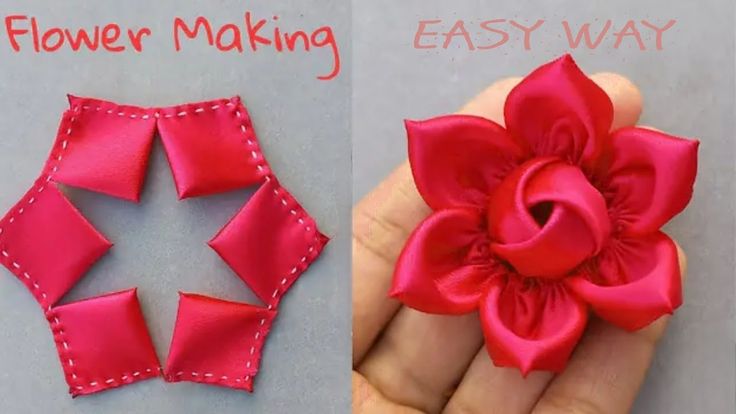 two pictures showing how to make an easy flower with ribbon and stitching on it