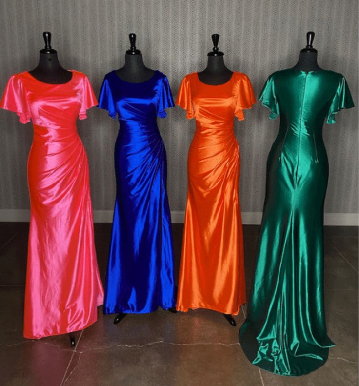 Pre-draped Floor-length Dress With Fitted Bodice, Pre-draped Silk Bridesmaid Dress, Pre-draped A-line Fitted Dress, Fitted Bodice Maxi Length Satin Dress, Satin Pre-draped Dress With Fitted Bodice, Pre-draped Satin Dress With Fitted Bodice, Pre-draped Satin Dress For Prom Season, Pre-draped Floor-length Wedding Dress, Pre-draped Satin Bridesmaid Dress