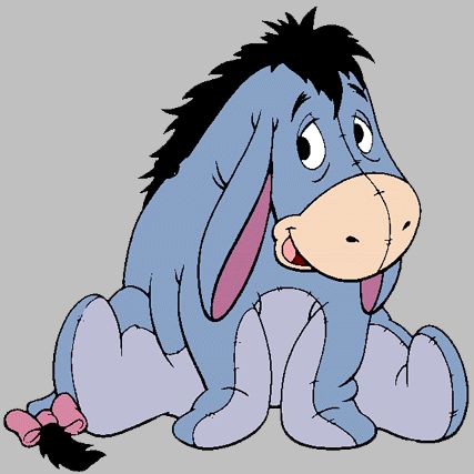 the blue donkey from winnie the pooh is sitting down with its mouth open and tongue out