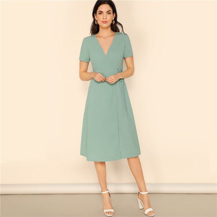 Gender: Women Material: Polyester Style: Office Lady Silhouette: Fit and Flare Pattern Type: Solid Sleeve Length(cm): Short Dresses Length: Knee-Length Sleeve Style: REGULAR Waistline: Natural Neckline: V-Neck Season: Summer Model Number: swdress07181228772 Decoration: Wrap, Knot Color: Green, Pastel UID: 190311237 Composition: 100% Polyester Style: Boho, Party, Elegant Fabric: Fabric has no stretch Details: Wrap, Knot Neckline: V Neck Sleeve Length: Short Sleeve Dresses Length: Midi Waist Line: Mint Green Dress, Short Sleeve Midi Dress, Natural Clothing, Green Pastel, Mint Dress, Boho Party, Pastel Fashion, Knot Dress, Colorful Life