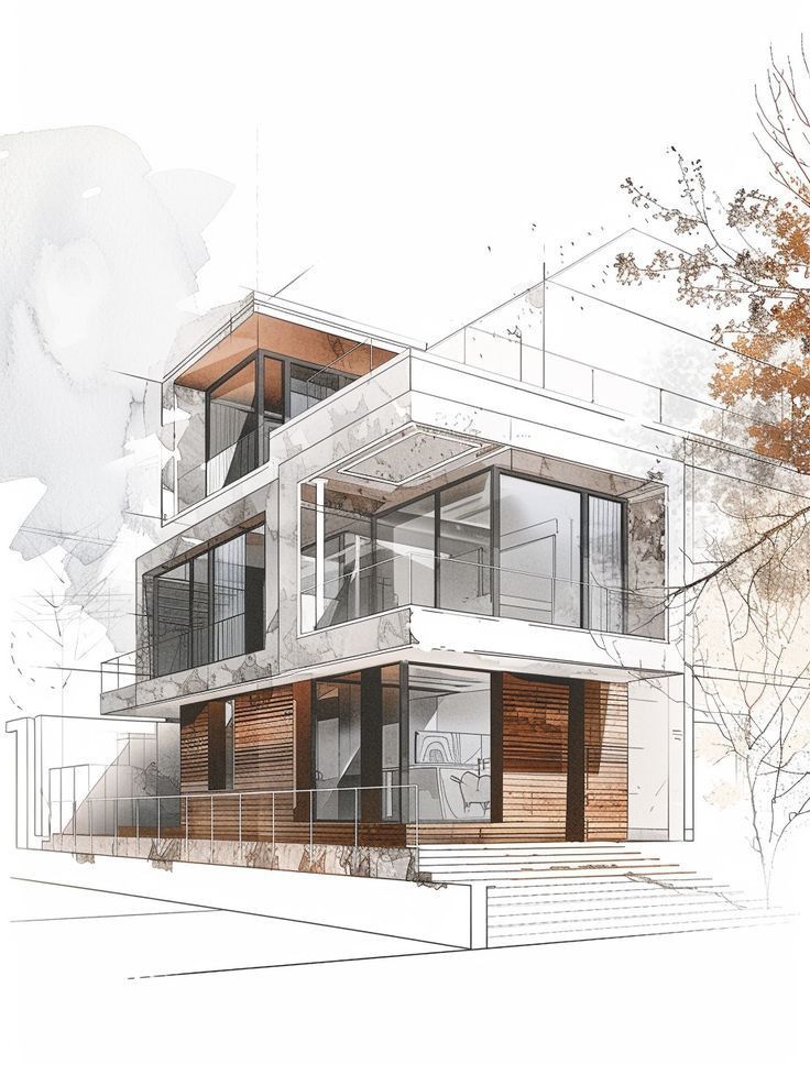 an architectural drawing of a house with multiple levels and balconies on the second floor