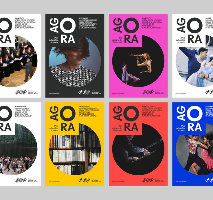 six brochures designed to look like they are performing in different styles and colors