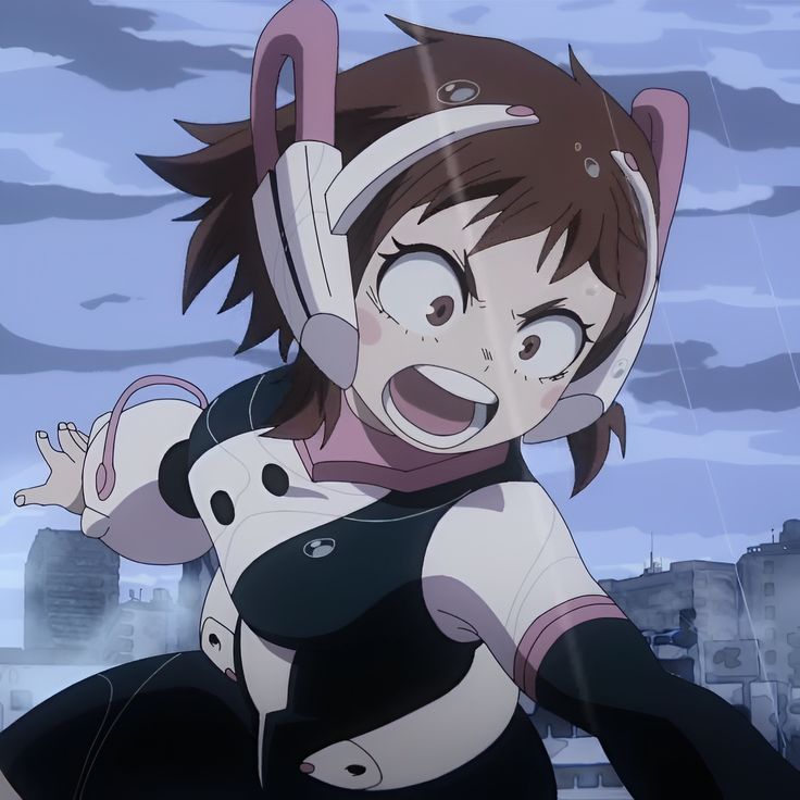 an anime character with headphones on her ears and holding onto a pink object in front of