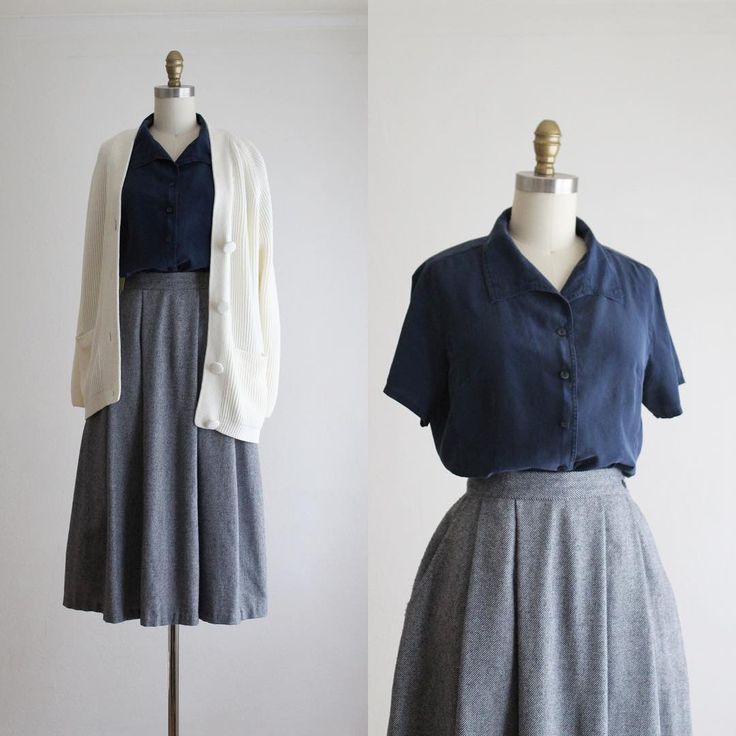 Navy Chic Outfit, Vintage Chic Aesthetic, Grey Navy Outfit, Blue And Grey Outfit Women, Navy And Gray Outfit, How To Style Navy Blue Shirt, Navy And Grey Outfits For Women, Shirts For Skirts, Grey And Navy Blue Outfit