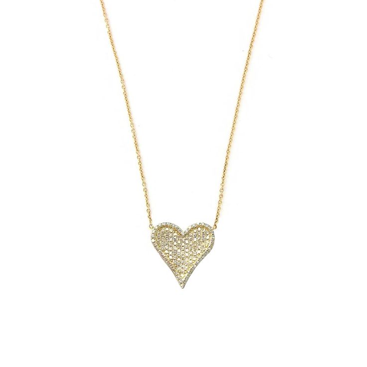 Pave Diamond Small Heart Chain Necklace 14K Yellow Gold 16"-18" Long Heart 0.6" L X 0.5" W Diamond .39CT Dazzling Heart-shaped Wedding Necklace, Dazzling Heart Wedding Necklace, Gold Heart Necklace With Single Cut Diamonds, Luxury Heart Cut Necklaces With Pave Setting, Double Heart Brilliant Cut Necklace For Wedding, Luxury Heart Cut Necklace With Pave Setting, Diamond Heart Charm Necklace For Wedding, Yellow Gold Heart Cut Diamond Necklace For Valentine's Day, Luxury Diamond Cut Heart Pendant Necklace