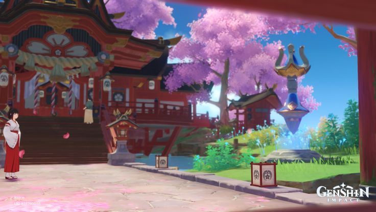 an animated image of a woman standing in front of a building with cherry blossoms on it