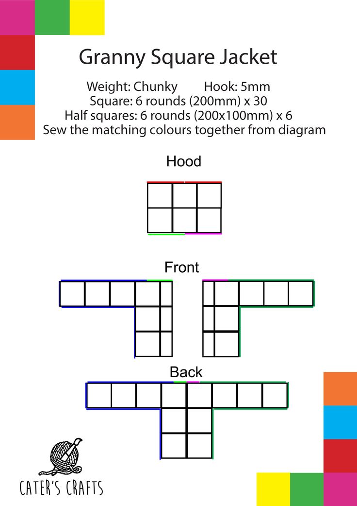 a crossword puzzle with the words granny square jacket in different colors and sizes