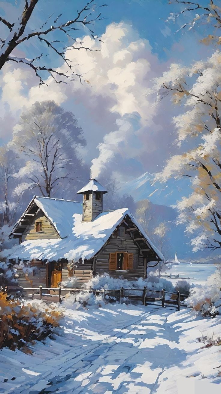 a painting of a cabin in the snow