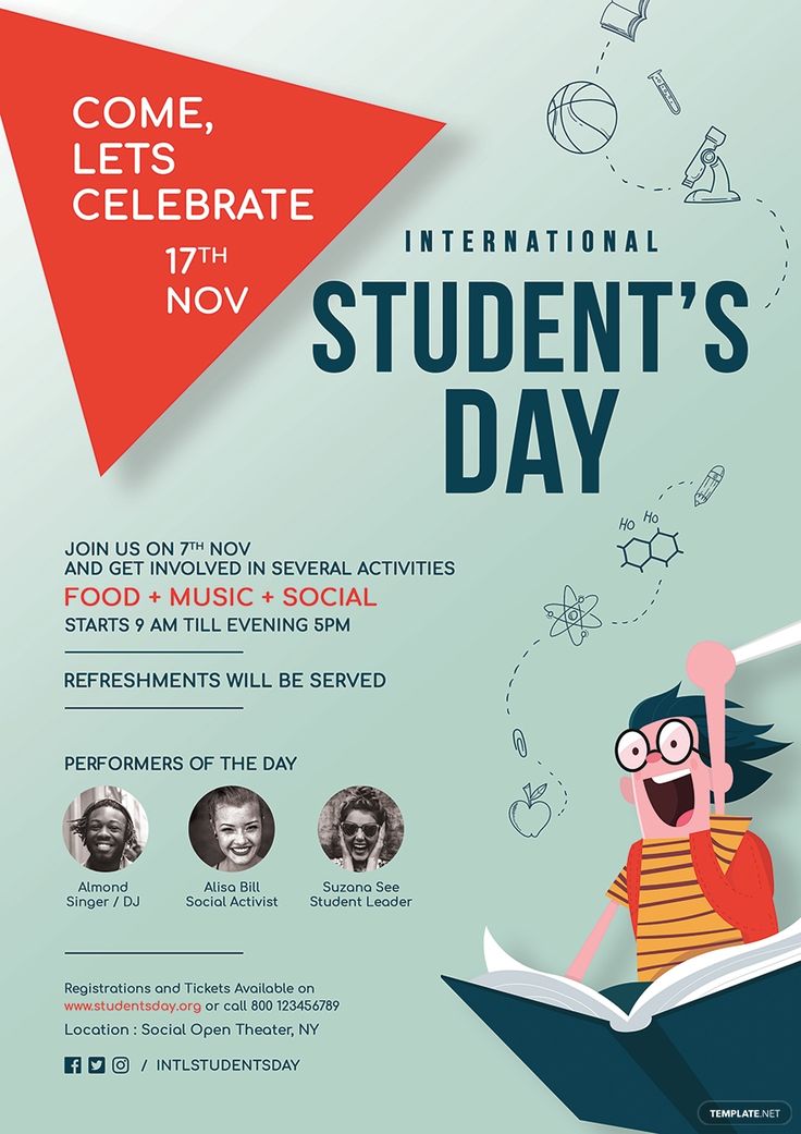 an advertisement for the international student's day with cartoon character reading a book and smiling