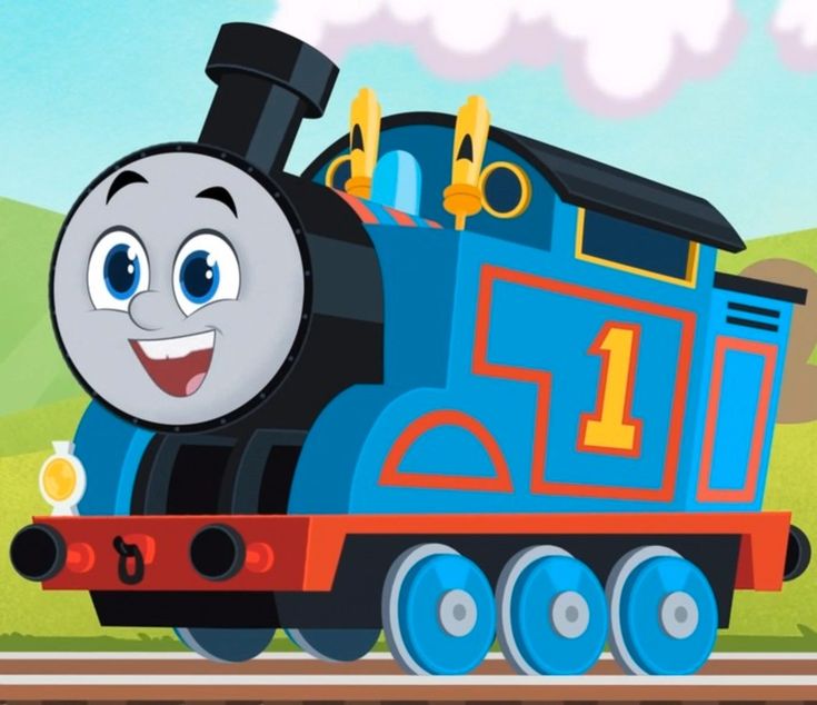 a cartoon train with a smiling face on the track