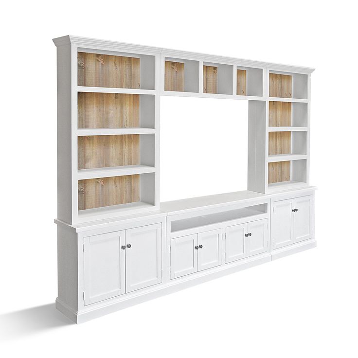 a white entertainment center with wooden shelves and drawers on each side, against a white background