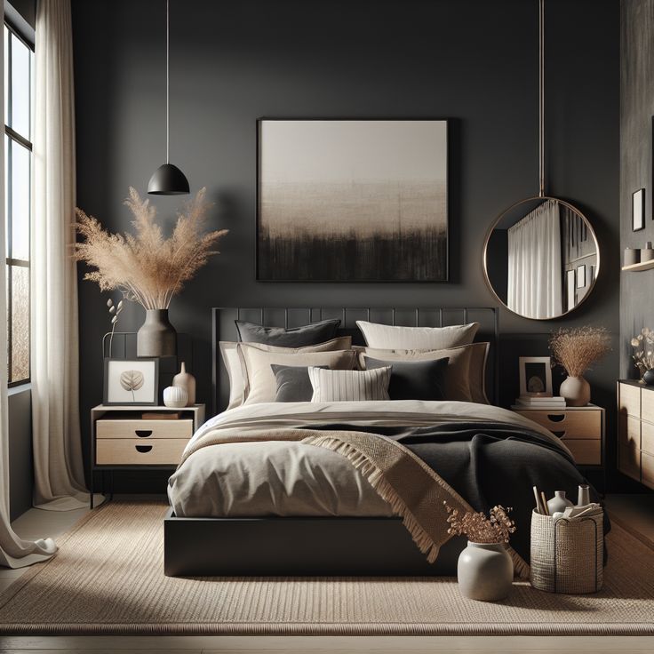 "Design a modern, cozy bedroom with a dark, industrial vibe: King bed with neutral bedding, circular mirror, plants, jute rug." Gray Black Brown Bedroom, Black And White Earthy Bedroom, Scandi Industrial Bedroom, Neutral And Grey Bedroom Ideas, Sand And Black Bedroom, Black And Oatmeal Bedroom, Boho Bedroom Black Accent Wall, Black Grey And Cream Bedroom, Black And Caramel Bedroom