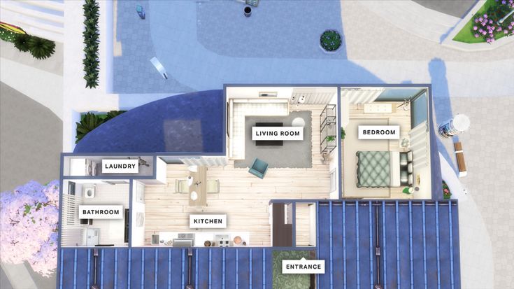 an aerial view of a house with blue walls and floor plans on the ground level