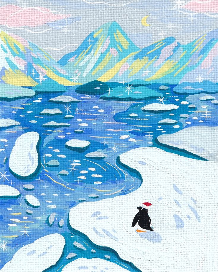 a painting of a penguin in the snow with mountains in the background and water running through it