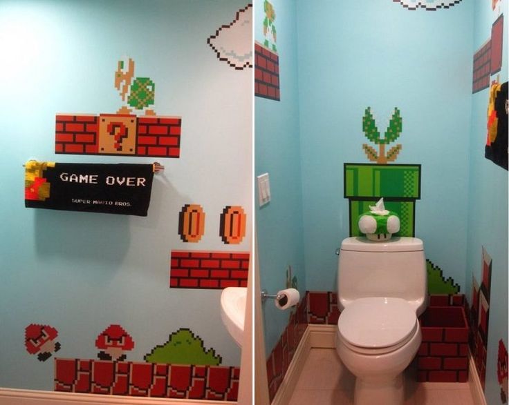 two pictures of a toilet in a bathroom decorated with video game wallpapers and stickers on the walls