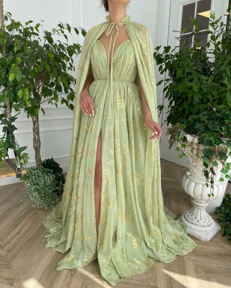 Summer Vine Capelet Gown | Teuta Matoshi Greek Goddess Fashion, Royal Dress Aesthetic, Goddess Inspired Outfits, Asgardian Dress, Ethereal Gowns, Summer Vine, Teuta Matoshi, Goddess Fashion, Light Green Dress