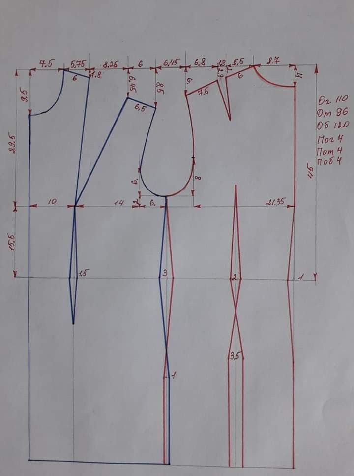 an image of a drawing of a dress pattern with measurements for the front and back