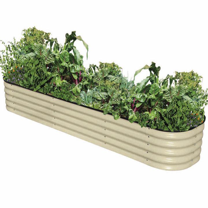 an elevated garden bed with various plants growing in the top row and bottom row on each side