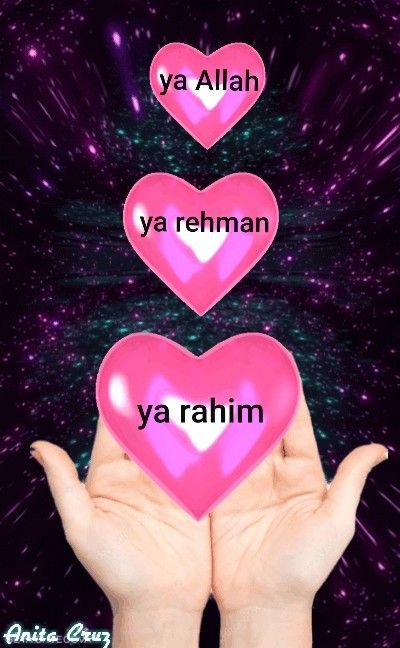 two hands holding pink hearts with the words ya alla ya rehman ya rahim